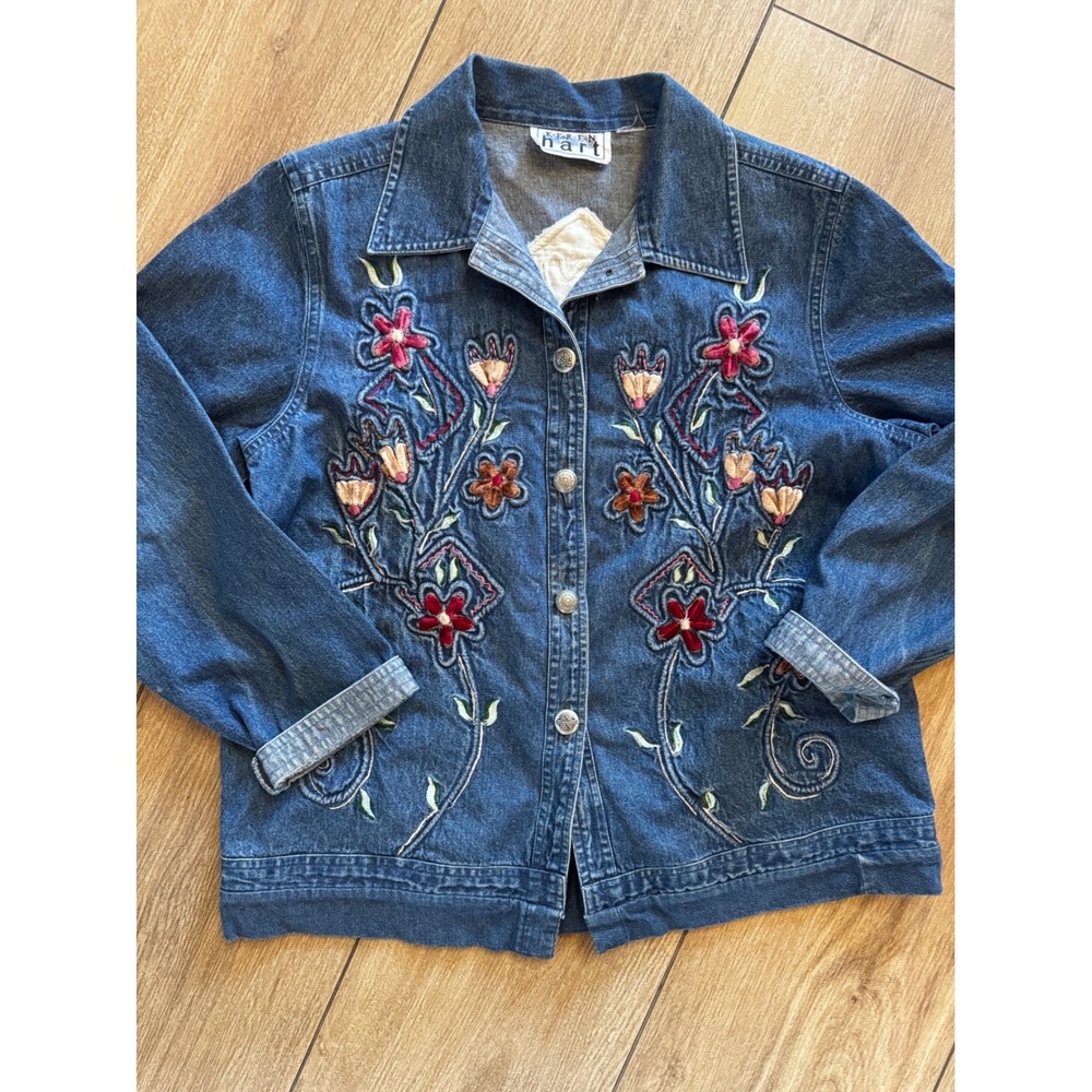 Keren Hart Womens Floral Embroidered Denim Jacket Medium Wash Button Up Vintage